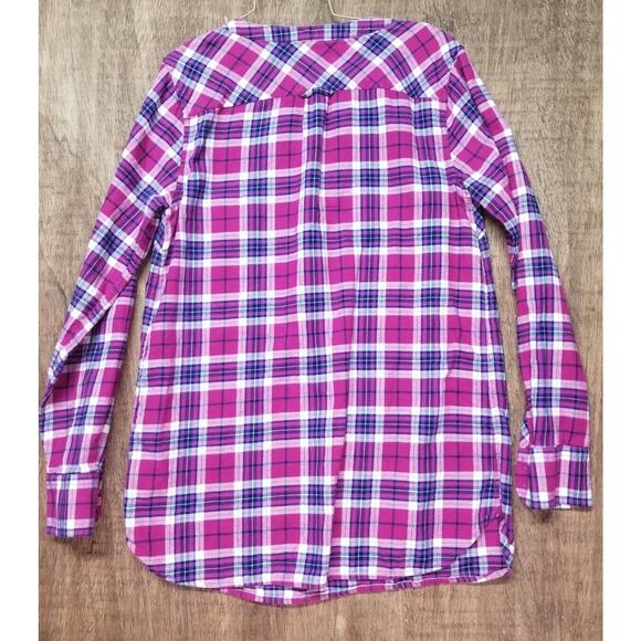 Lands' End Wmns Sz 2 Purple Plaid Long Sleeve Flannel Pullover Cotton Tunic Top - Picture 7 of 9